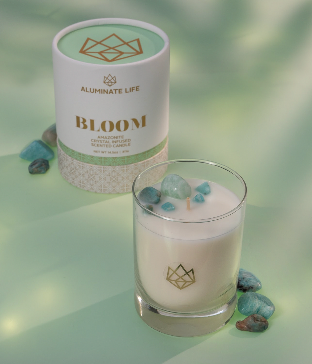 Bloom Crystal Candle 14 oz – Amazonite for Joy & Growth