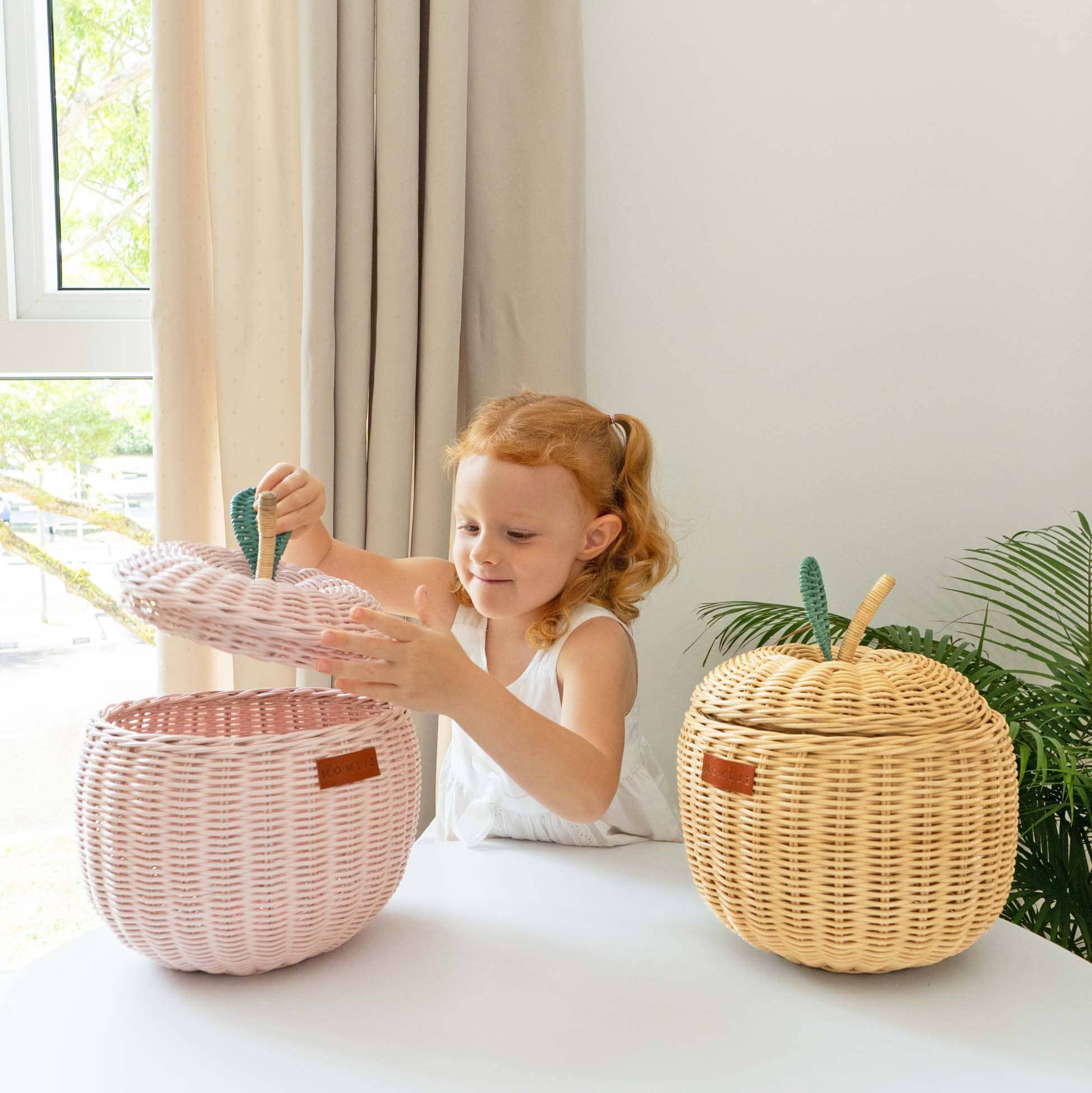 Handcrafted - Apple Basket (Pink) Small - Rattan Wicker