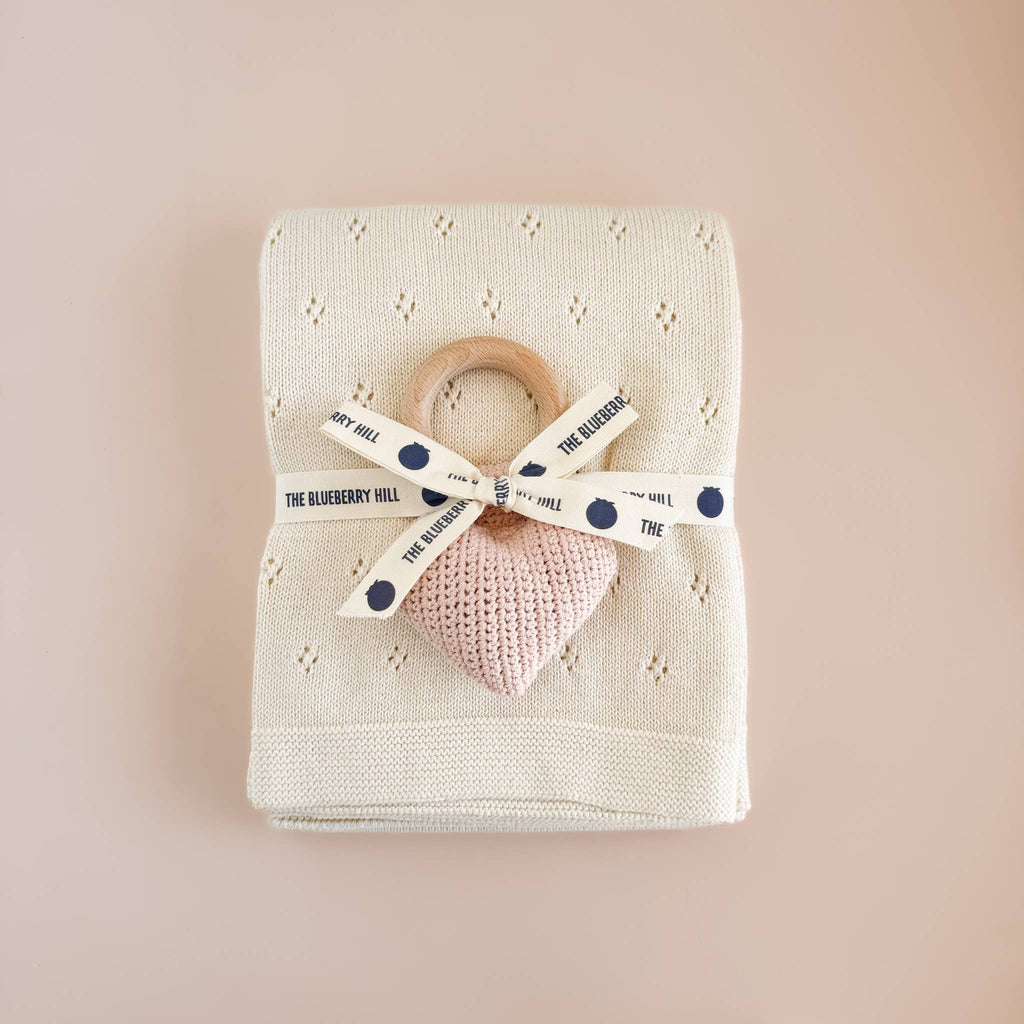 Set Pique Blanket Cream Heart Rattle Cotton Baby Gift