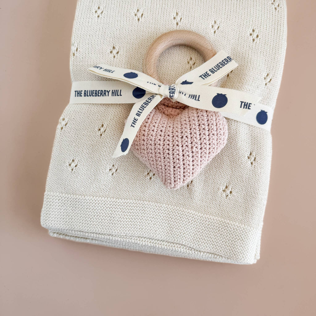 Set Pique Blanket Cream Heart Rattle Cotton Baby Gift