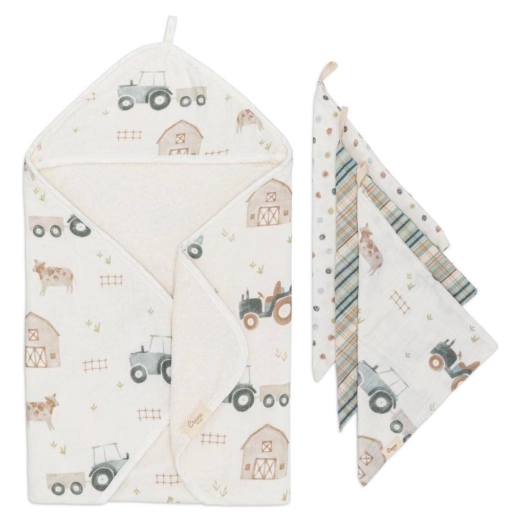 Charlie Farmhouse Tractor Hooded Towel/Wash Cloth Set