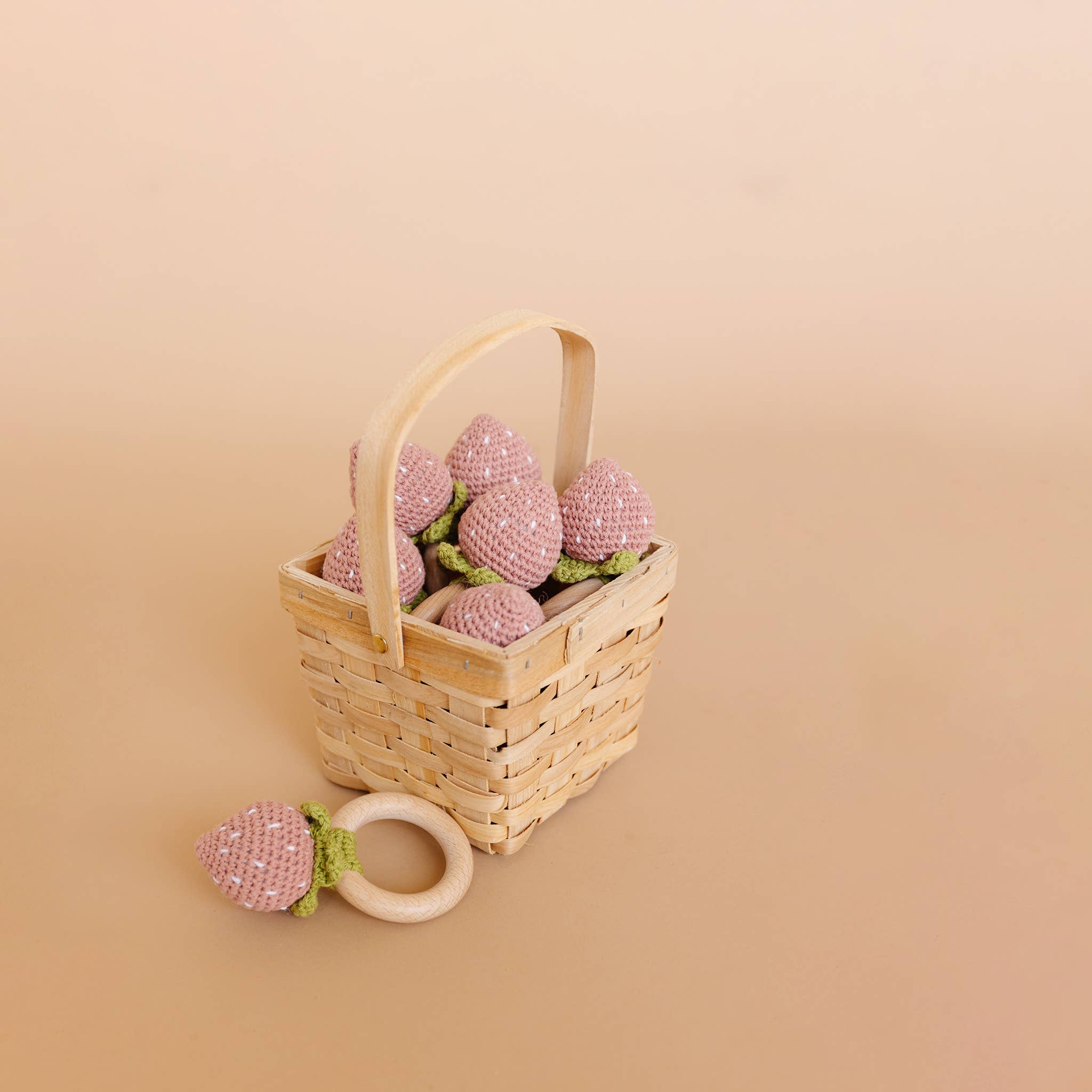 Teether Strawberry Pink Crochet Rattle Baby Toy Spring