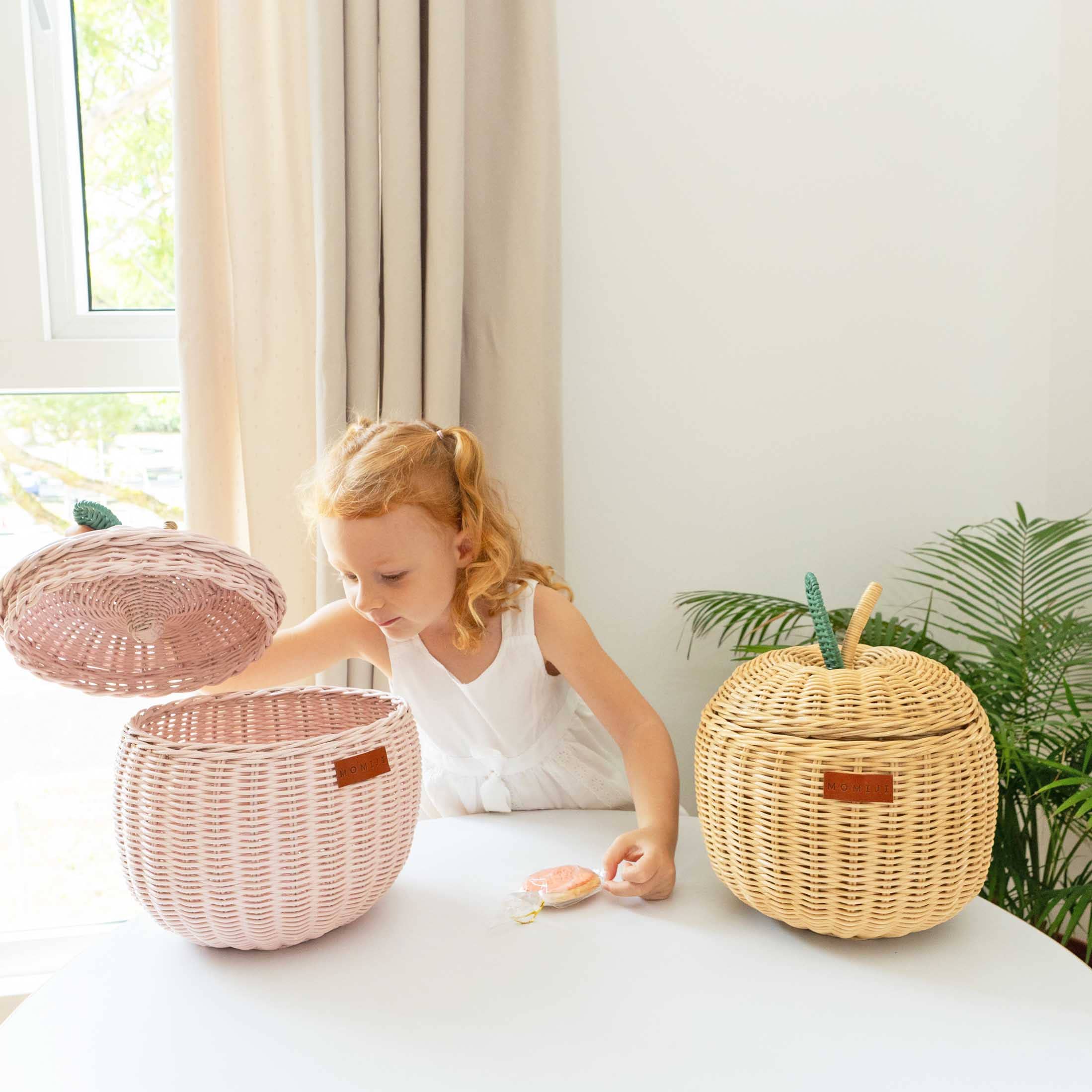 Handcrafted - Apple Basket (Pink) Small - Rattan Wicker