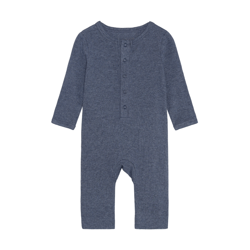 Melange Ribbed Long Sleeved Romper- Blue