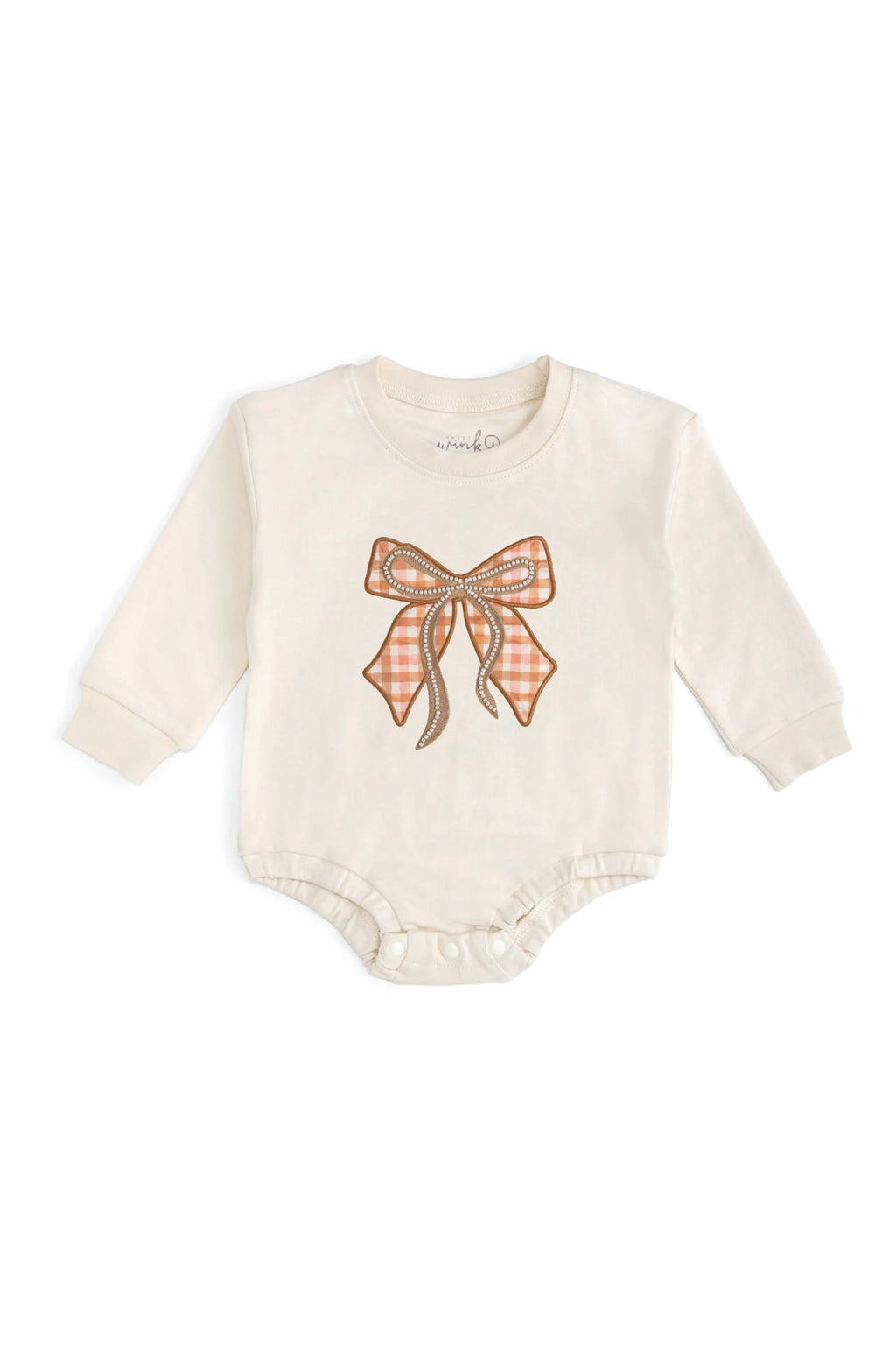 Cinnamon Plaid Bow Patch Long Sleeve Romper