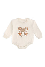 Cinnamon Plaid Bow Patch Long Sleeve Romper