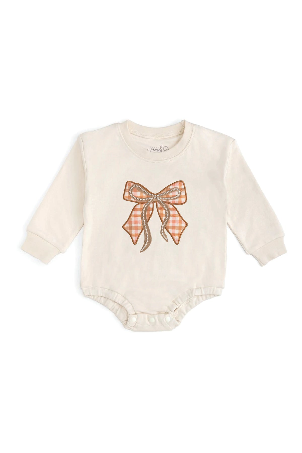 Cinnamon Plaid Bow Patch Long Sleeve Romper