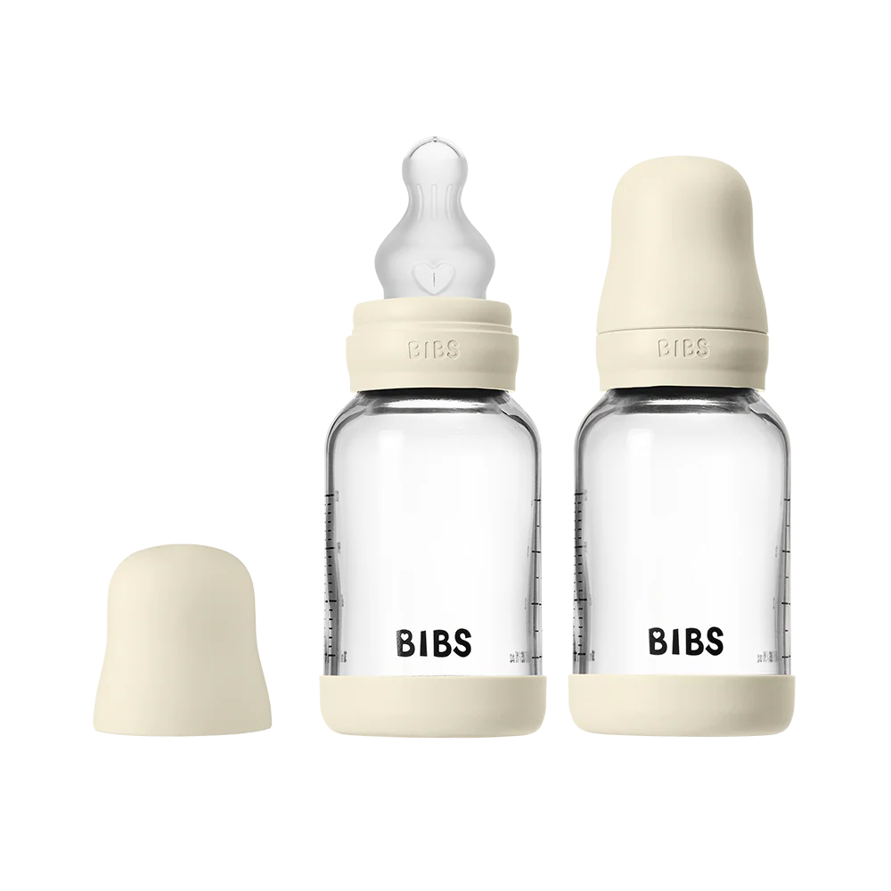 Baby Glass Bottle Set 4oz 2 Pack Silicone- Ivory (Slow Flow)