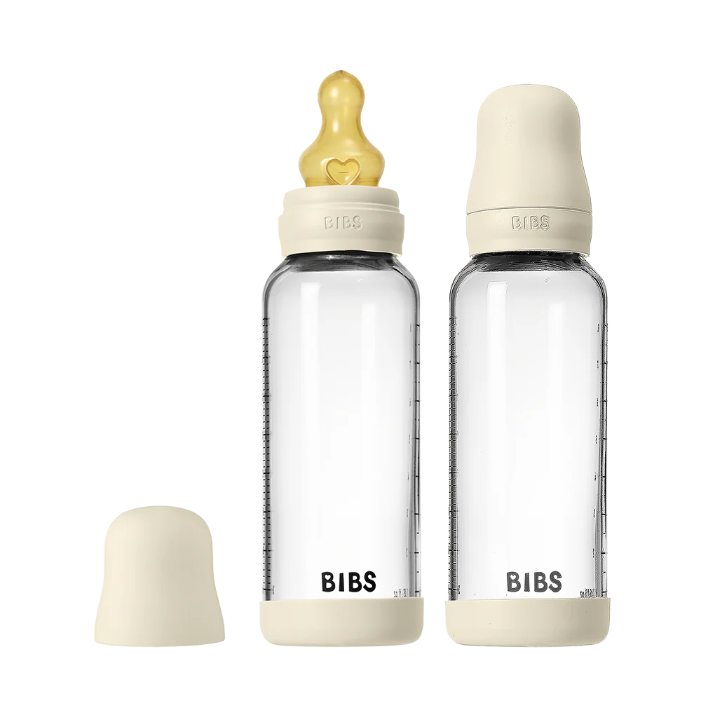 Baby Glass Bottle Set 8oz 2 Pack Silicone- Ivory (Medium Flow)