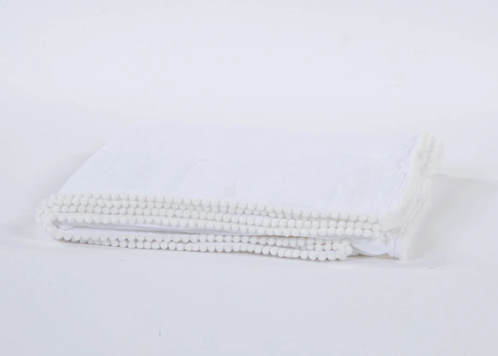 Folded Cotton Muslin Swaddle Blanket- White with soft textured fabric and delicate pearl edge trim, ideal for newborn essentials and baby boutique collections.