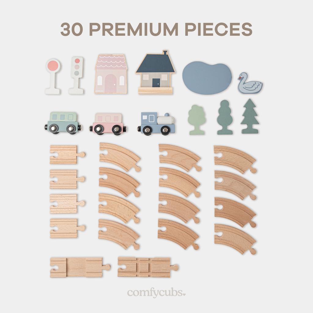 30-PC Wooden Train Set for Toddlers Ages 1+ by Comfy Cubs