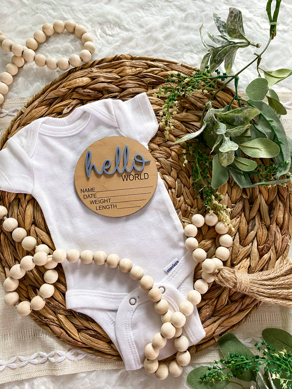 Hello World Birth Stat Announcement Wood Disc - Layered 3D