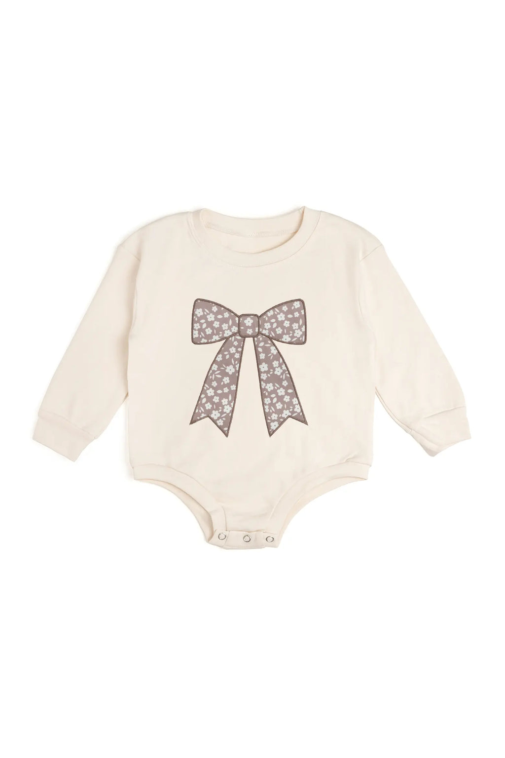 Mocha Floral Bow Patch Long Sleeve Romper