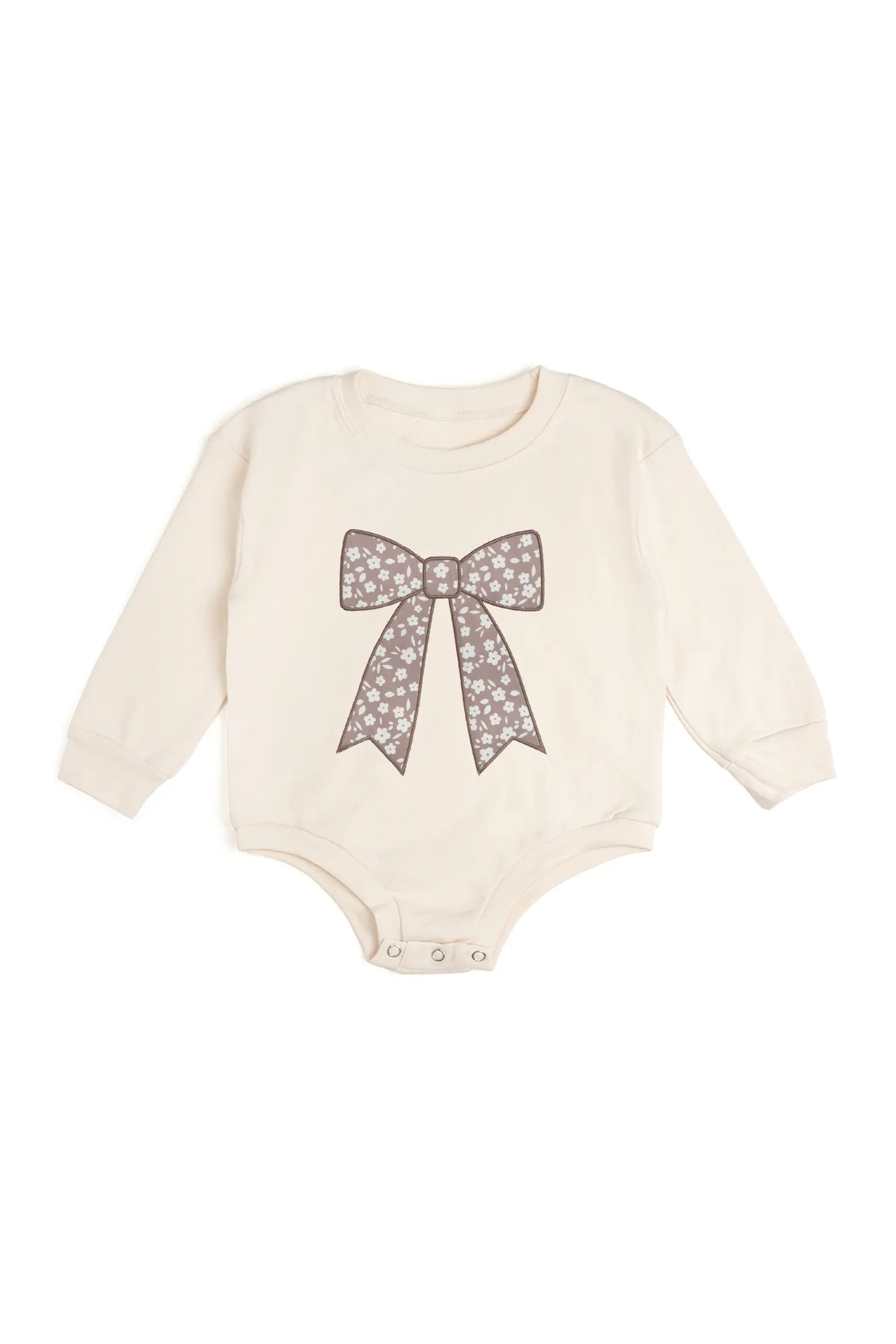 Mocha Floral Bow Patch Long Sleeve Romper