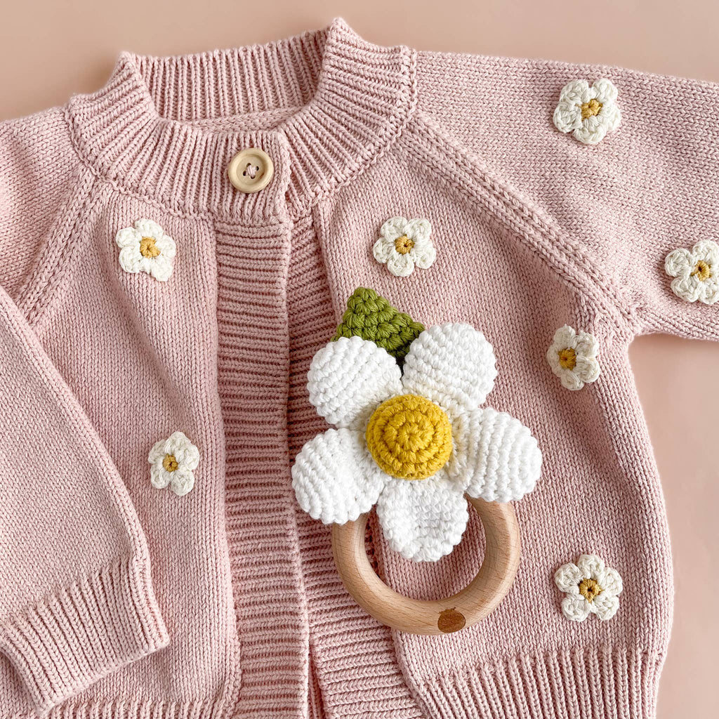 Teether Flower White Cotton Crochet Rattle Baby Toy Summer