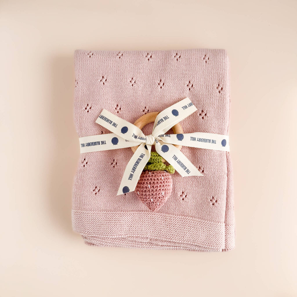 Teether Strawberry Pink Crochet Rattle Baby Toy Spring