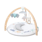 Rising Star Play + Discovery Activity Gym featuring a soft padded play mat with animal prints, wooden arches, and hanging plush toys for infant play and sensory development.