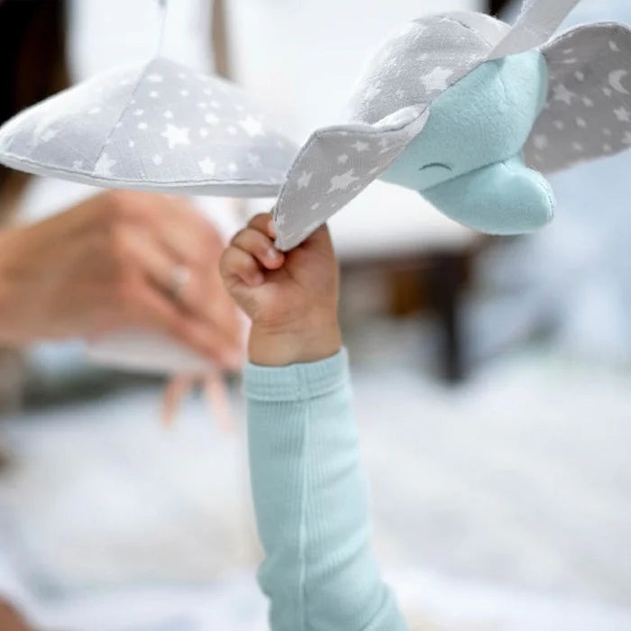 Baby's hand reaching to grasp a soft stuffed bird toy hanging from the Rising Star Play + Discovery Activity Gym, designed for early sensory and motor skill development.