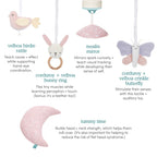 Ma Fleur Activity Gym featuring soft pastel toys including a velboa birdie rattle, corduroy and velboa bunny ring, muslin mirror, corduroy and velboa crinkle butterfly, and a tummy time cushion designed for sensory and motor skill development.