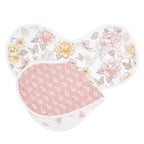 Earthly 2-pack Organic Burpy Bibs featuring soft organic muslin fabric with floral and butterfly patterns, designed for gentle baby feeding and burping protection.