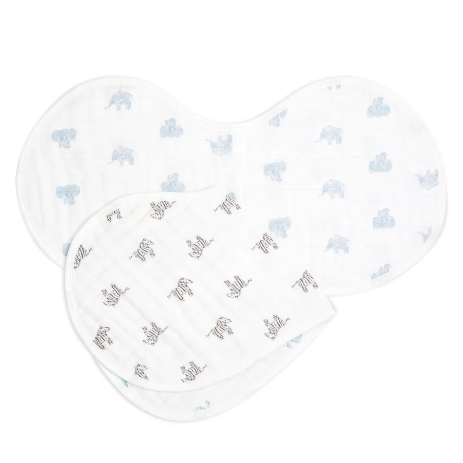 Animal Kingdom 2-pack Burpy Bibs featuring soft organic muslin fabric with blue elephant and black zebra animal prints, perfect for newborn essentials and baby feeding.