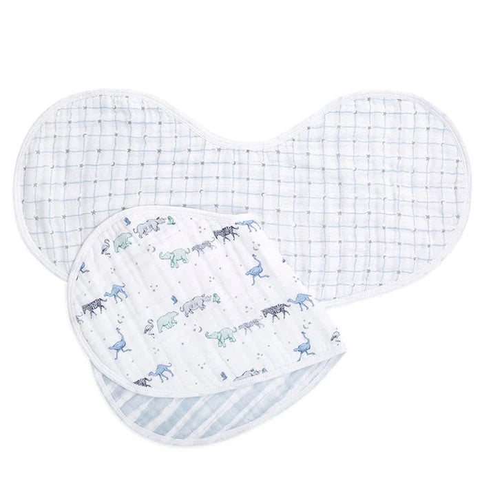 Rising Star 2-pack Classic Burpy Bibs featuring soft cotton muslin fabric with a subtle grid pattern and playful animal prints, perfect for newborn essentials and baby feeding.