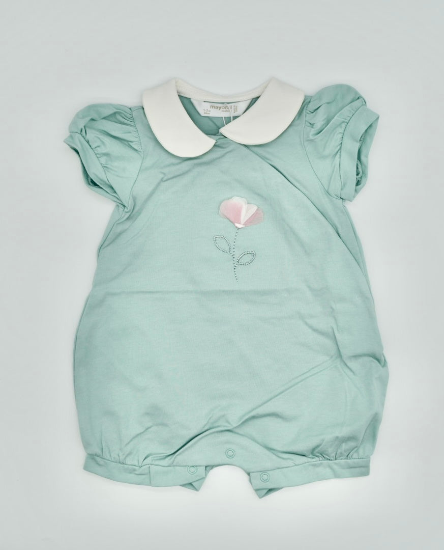 Short Sleeved Onesie- Aqua with Pink Flower
