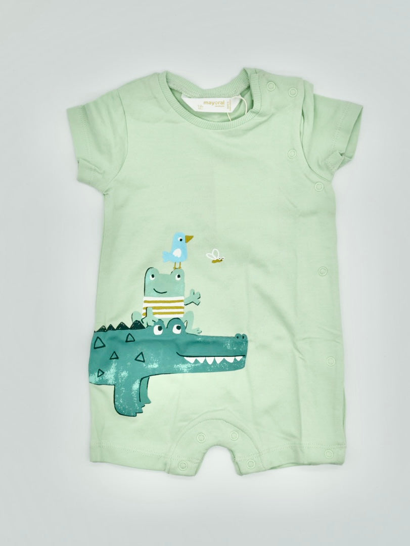 Short Sleeved Onesie- Green with Frog and Alligator