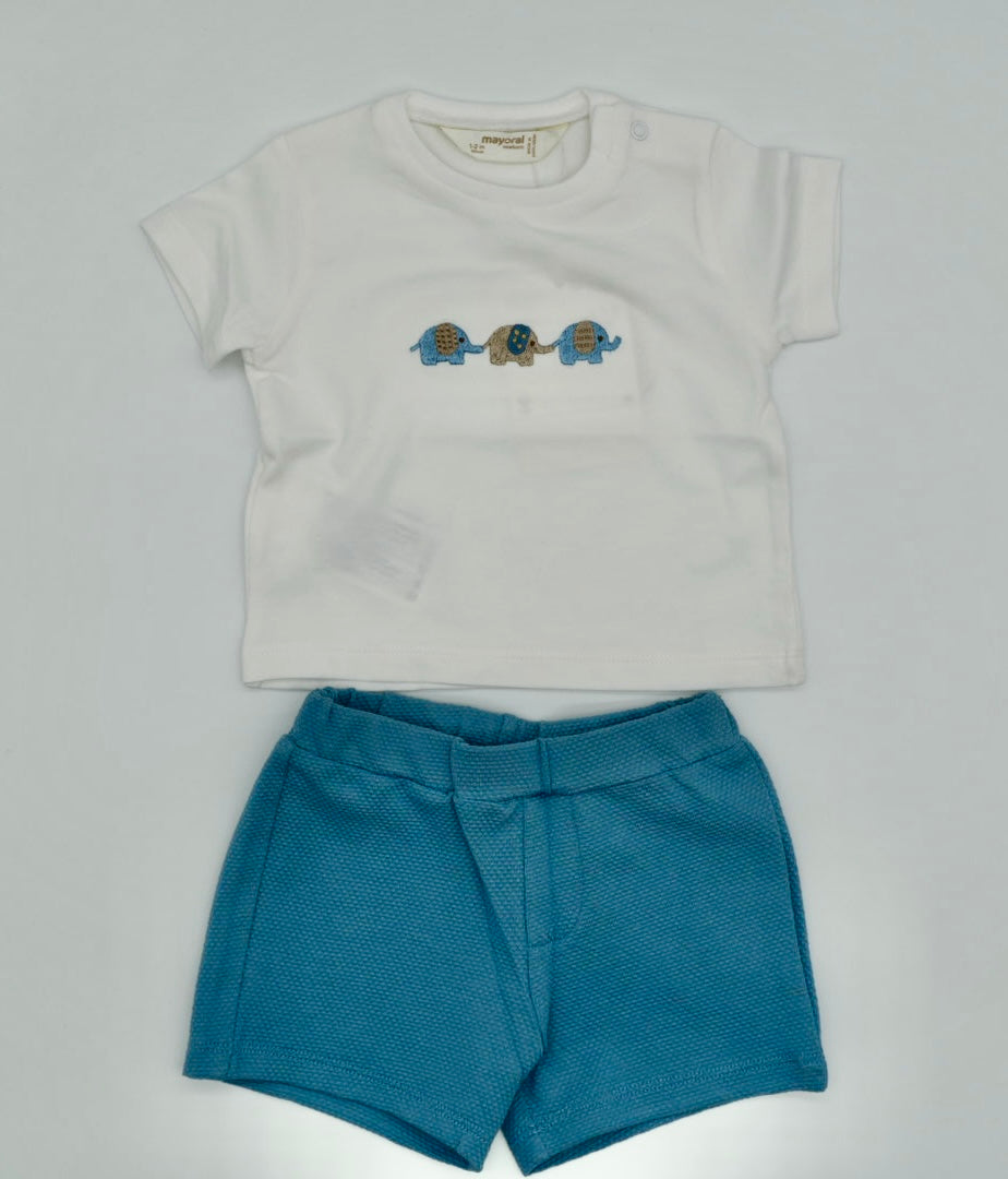 Elephant Shorts Set- White top, Blue Bottom