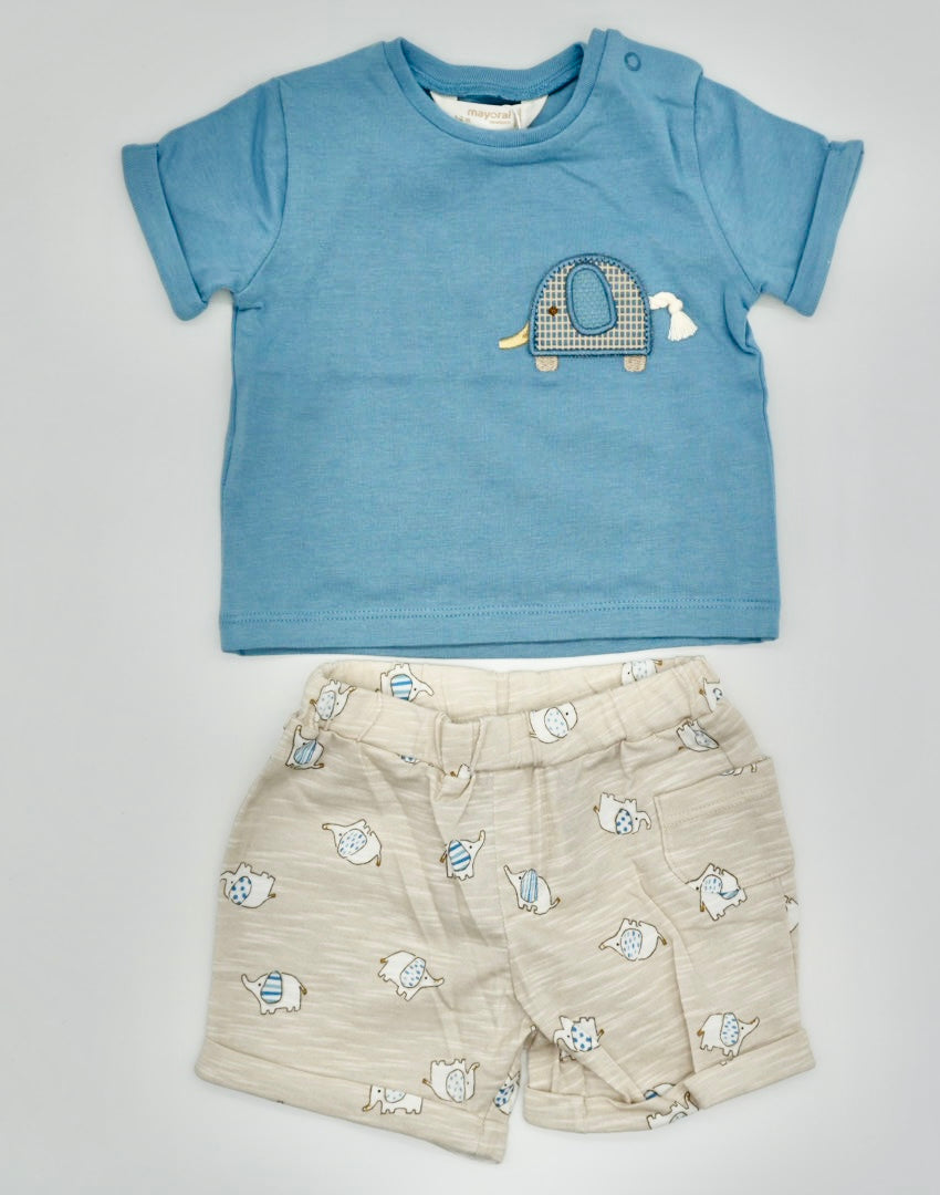 Elephant Shorts Set- Blue Top, Khaki Bottom