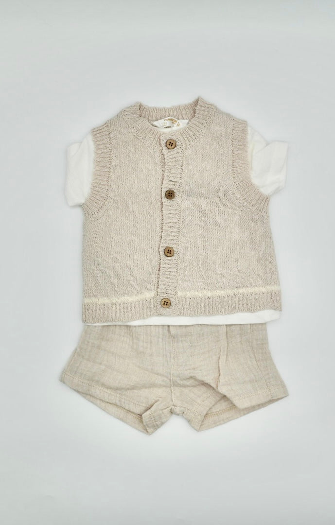 Shorts, Shirt, and Sweater Vest Set- Neutral