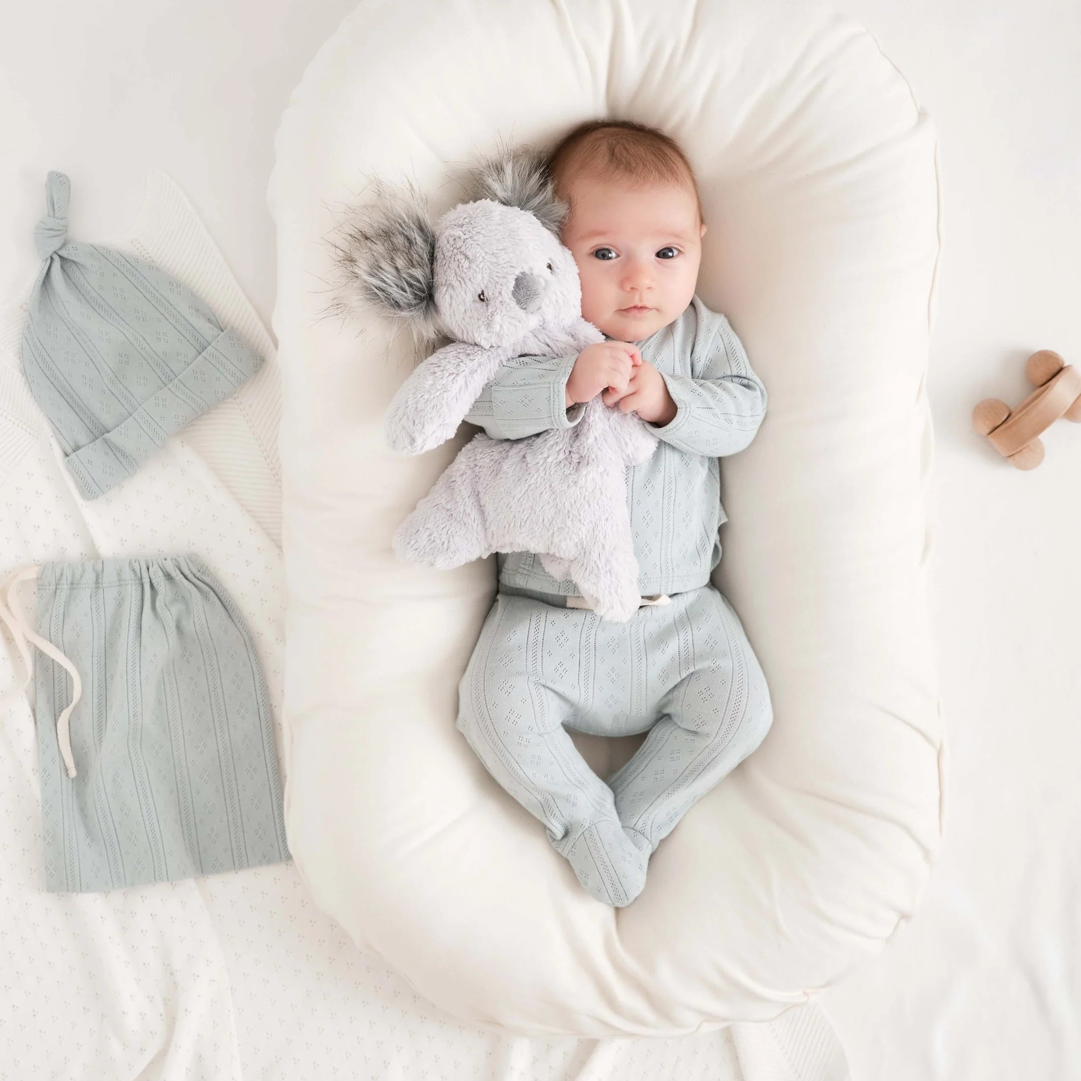 Pale Blue Organic Cotton Pointelle Layette 3 Piece Gift Set, NB