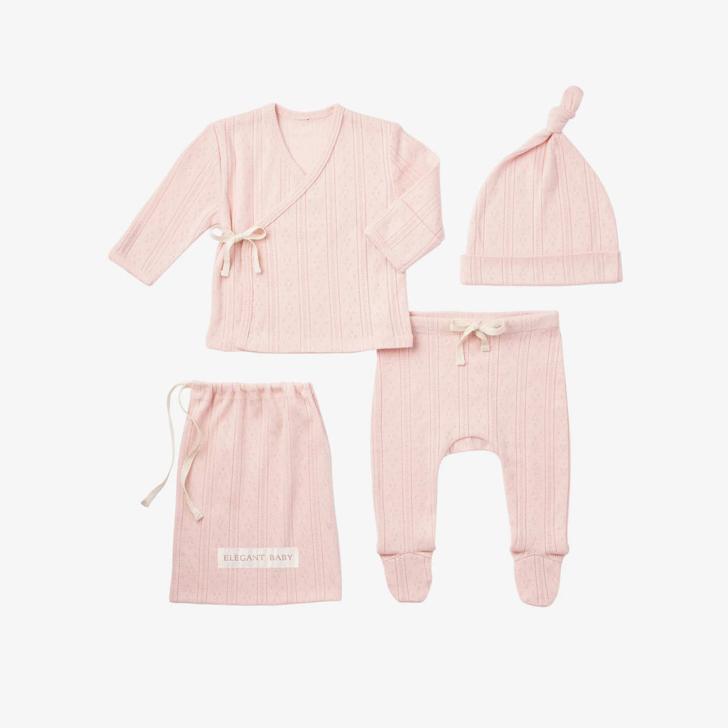 Pale Pink Organic Cotton Pointelle Layette 3 Piece Gift Set, NB
