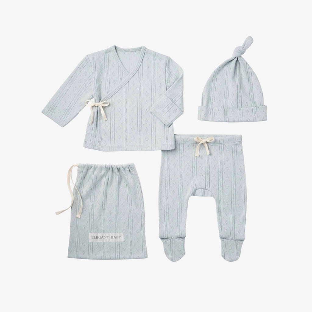 Pale Blue Organic Cotton Pointelle Layette 3 Piece Gift Set, NB