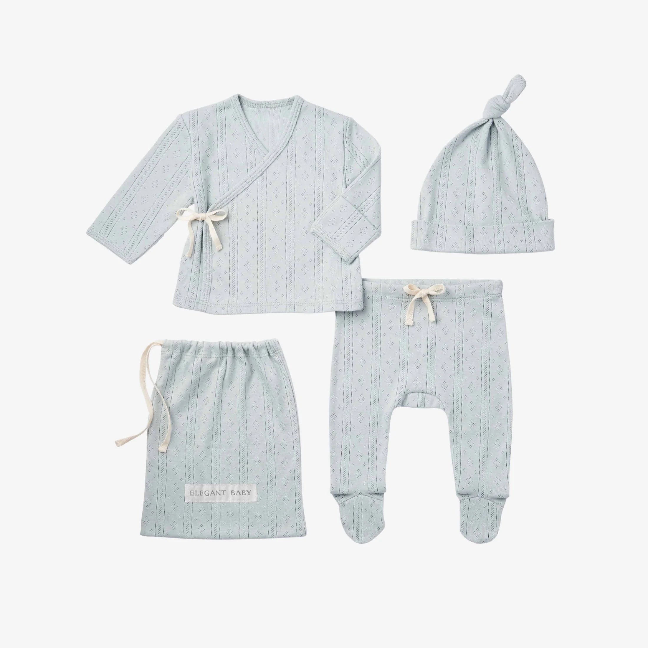 Pale Blue Organic Cotton Pointelle Layette 3 Piece Gift Set, NB