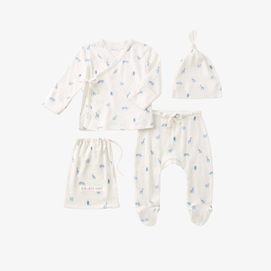 Blue Safari Print Organic Cotton Pointelle Layette 3 Piece Gift Set 0-3M