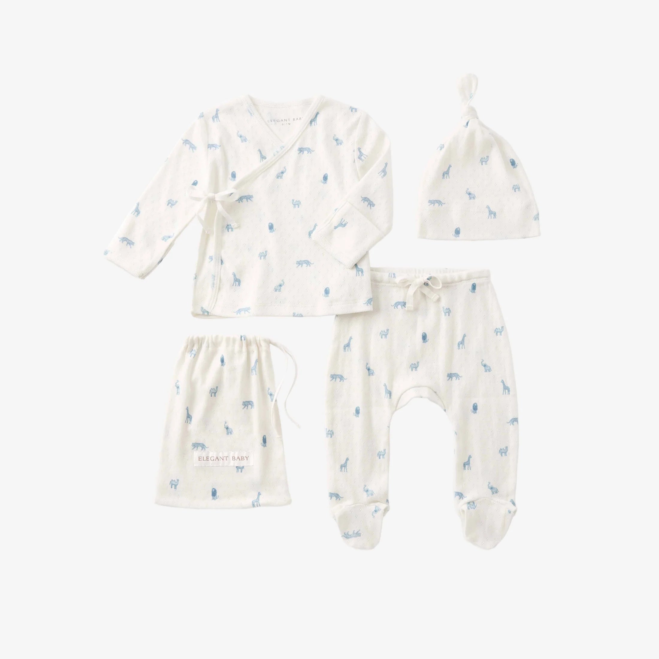 Blue Safari Print Organic Cotton Pointelle Layette 3 Piece Gift Set 0-3M