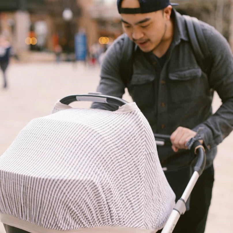 Cotton Muslin Car Seat Canopy- Grey Stripe