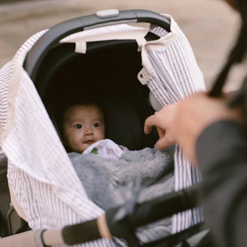 Cotton Muslin Car Seat Canopy- Grey Stripe