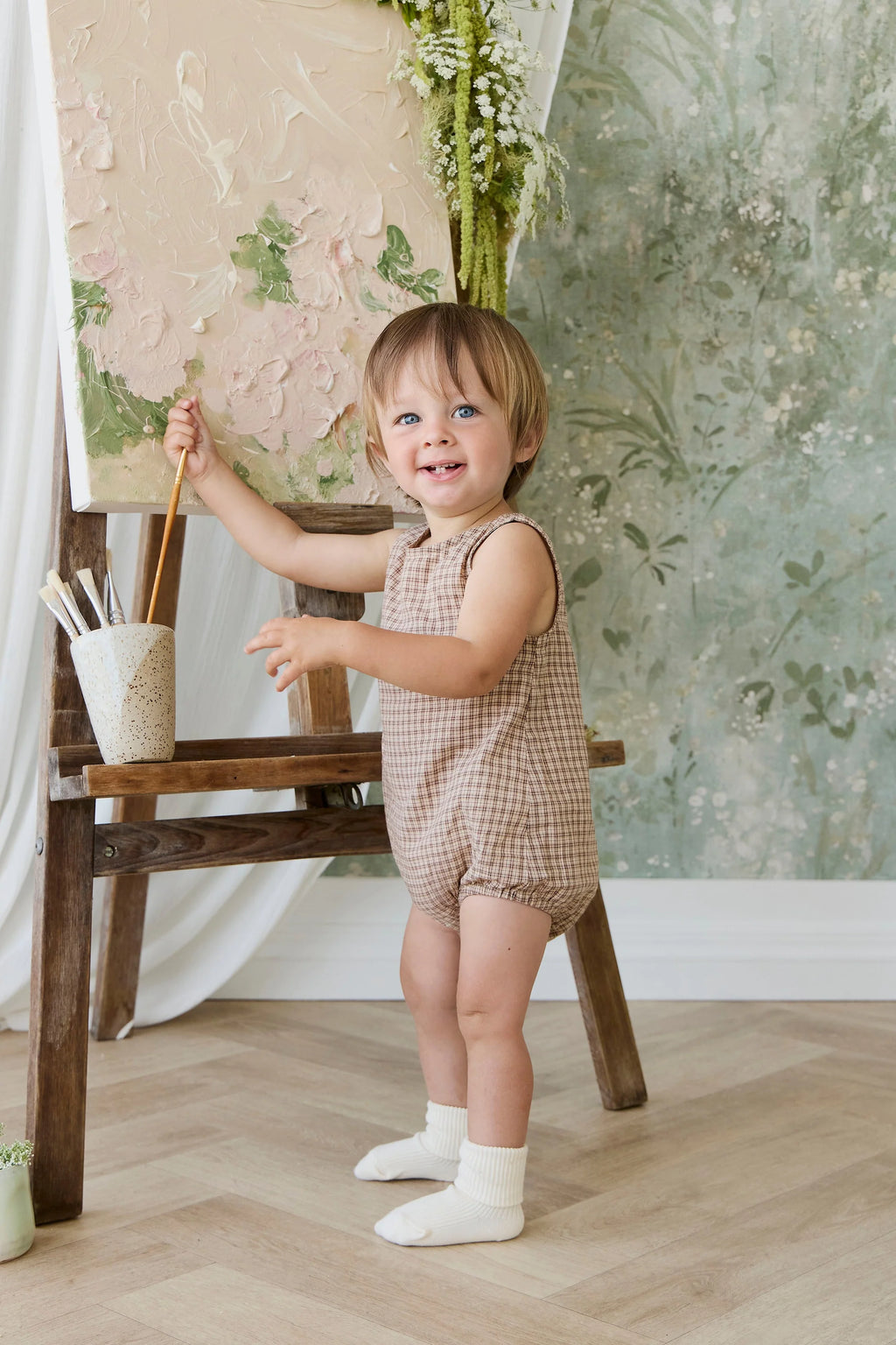 Organic Cotton Bentley Playsuit - Cabin Check Cocoa