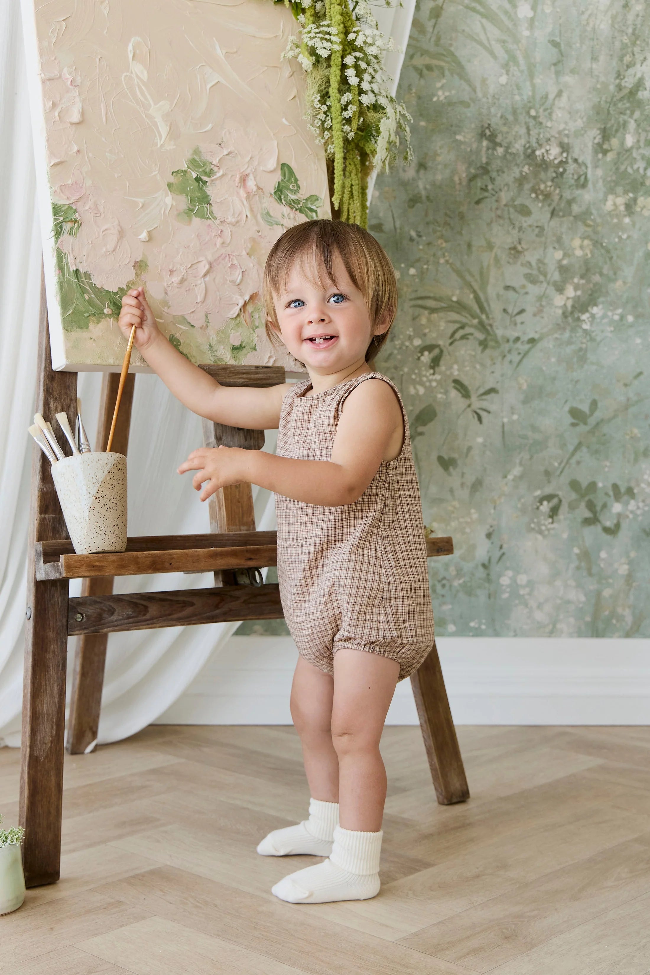 Organic Cotton Bentley Playsuit - Cabin Check Cocoa