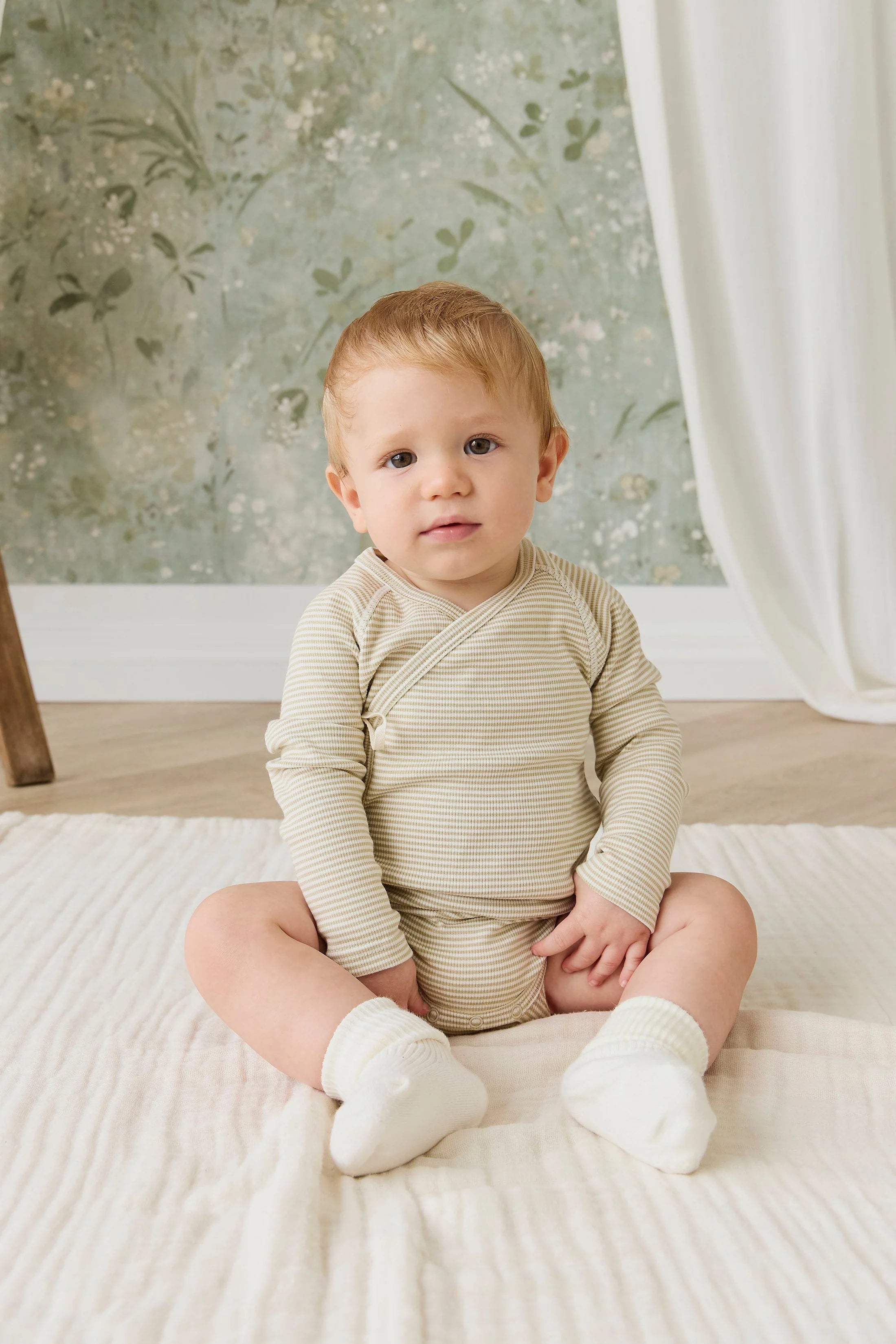 Organic Cotton Fine Rib Micah Long Sleeve Playsuit - Petite Stripe Hay/Cloud
