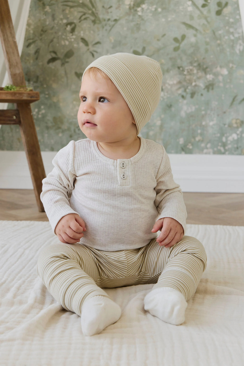 Organic Cotton Fine Rib Wiley Legging - Petite Stripe Hay/Cloud