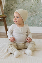Organic Cotton Fine Rib Micah Beanie - Petite Stripe Hay/Cloud
