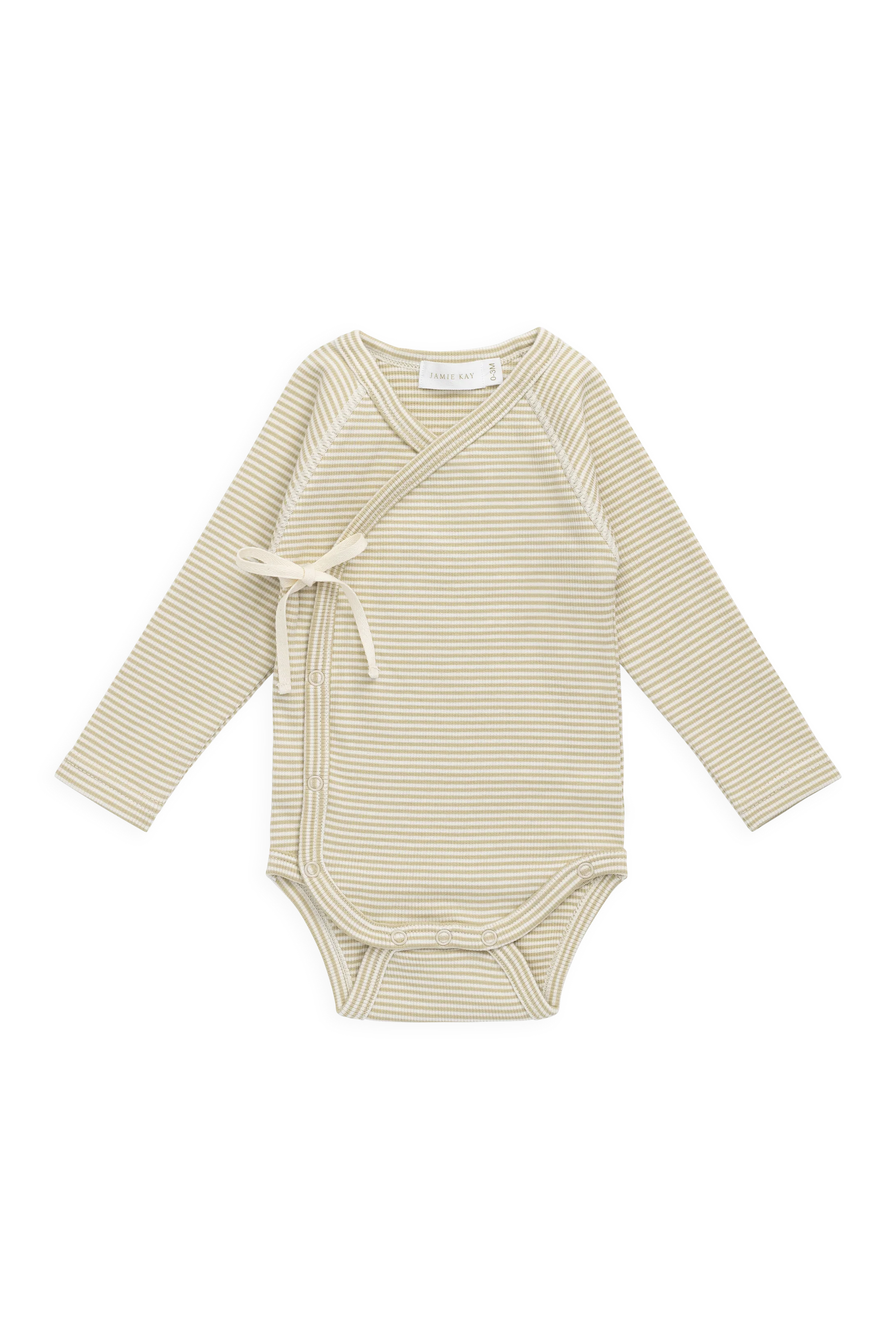 Organic Cotton Fine Rib Micah Long Sleeve Playsuit - Petite Stripe Hay/Cloud