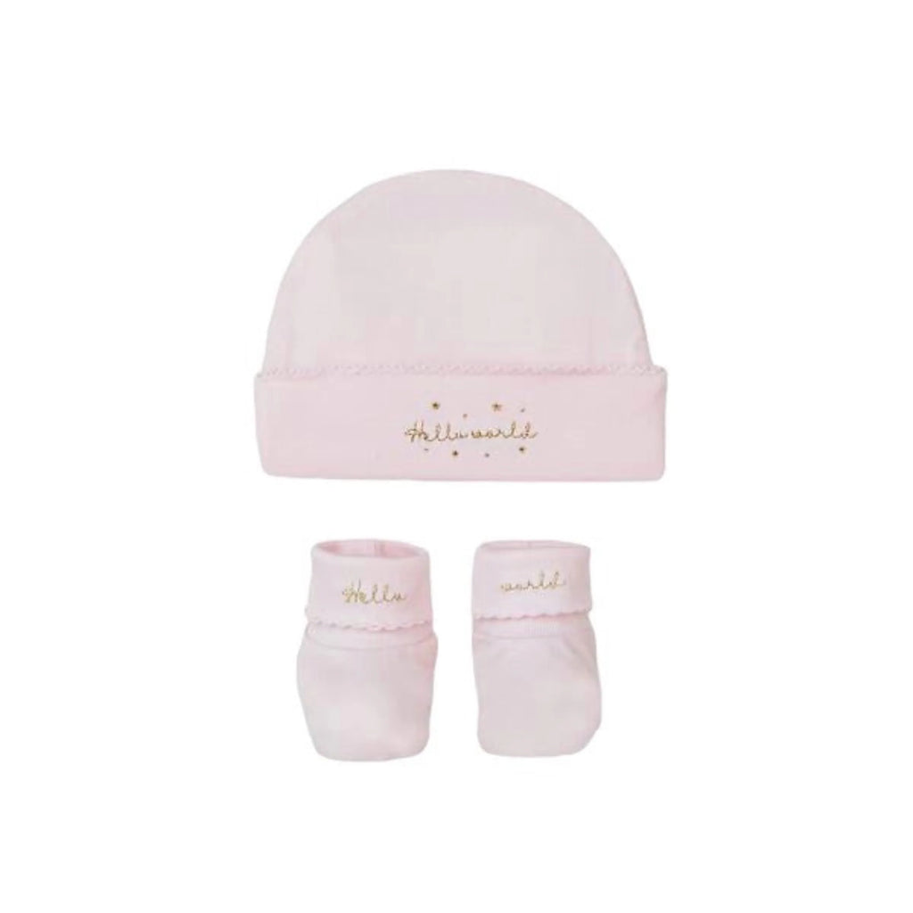 Hello World Pima Cotton Hat and Bootie Set, Pink
