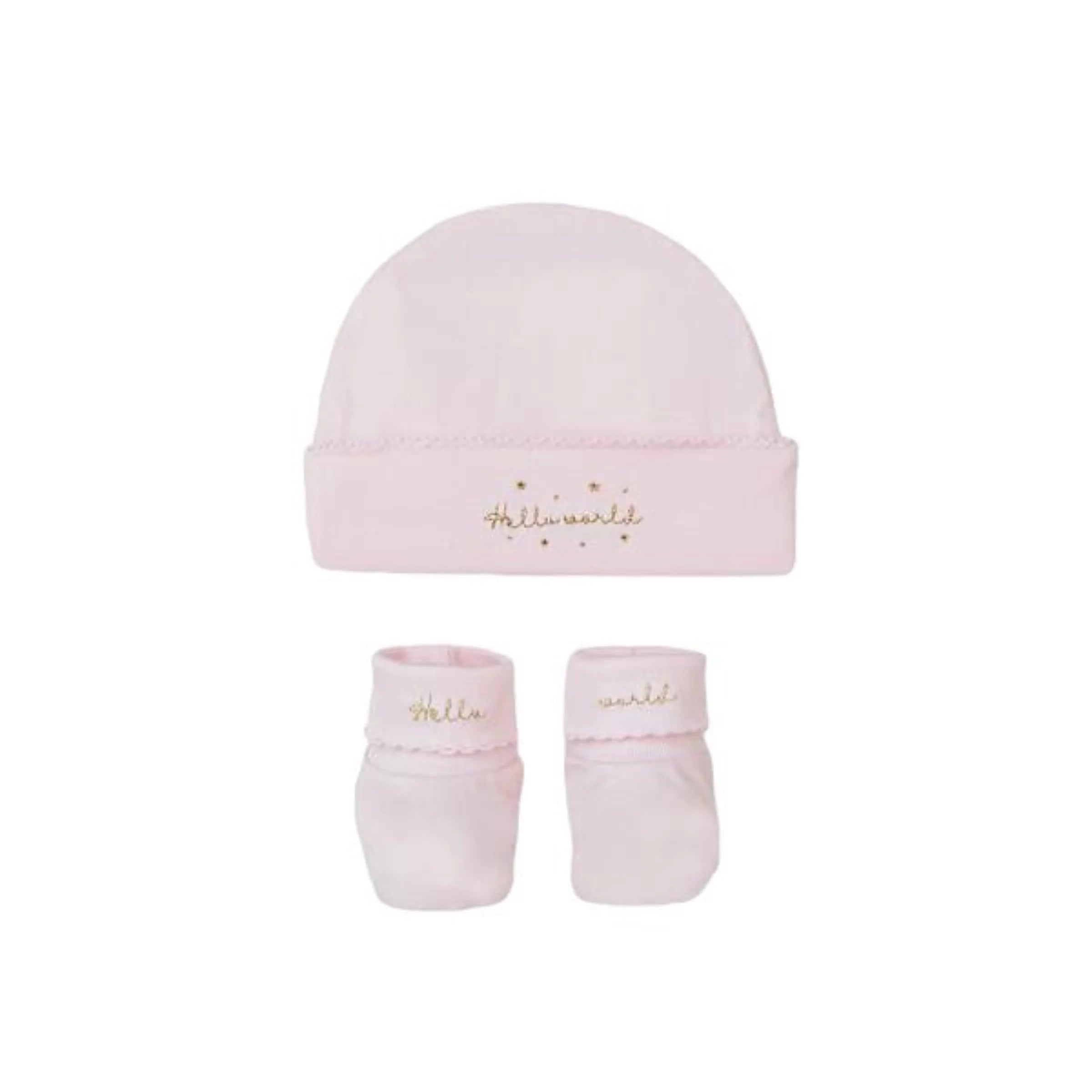 Hello World Pima Cotton Hat and Bootie Set, Pink