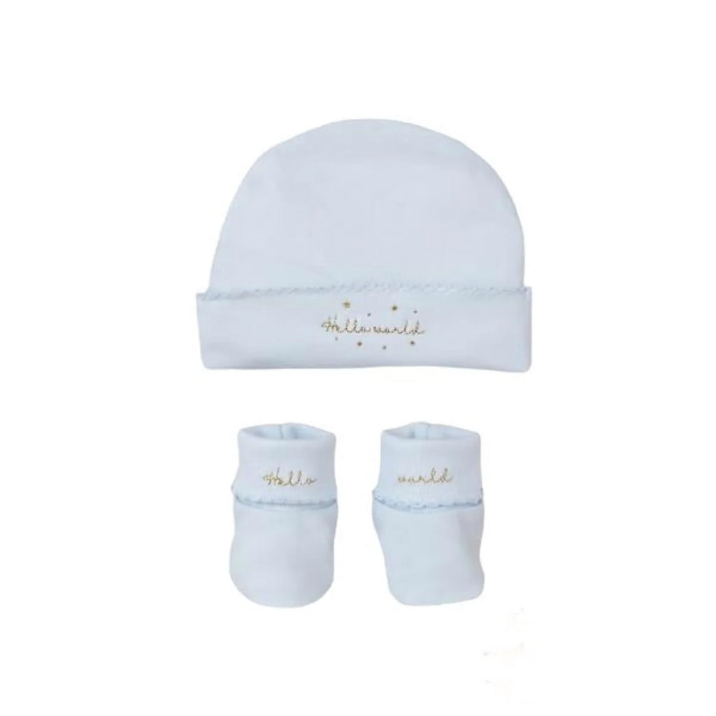 Hello World Pima Cotton Hat and Bootie Set, Blue