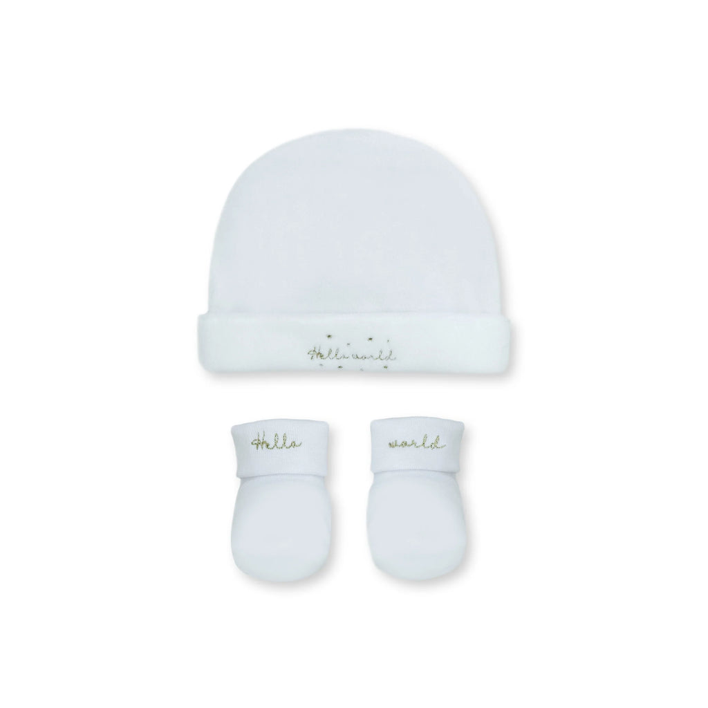 Hello World Velvet Hat and Booties, White