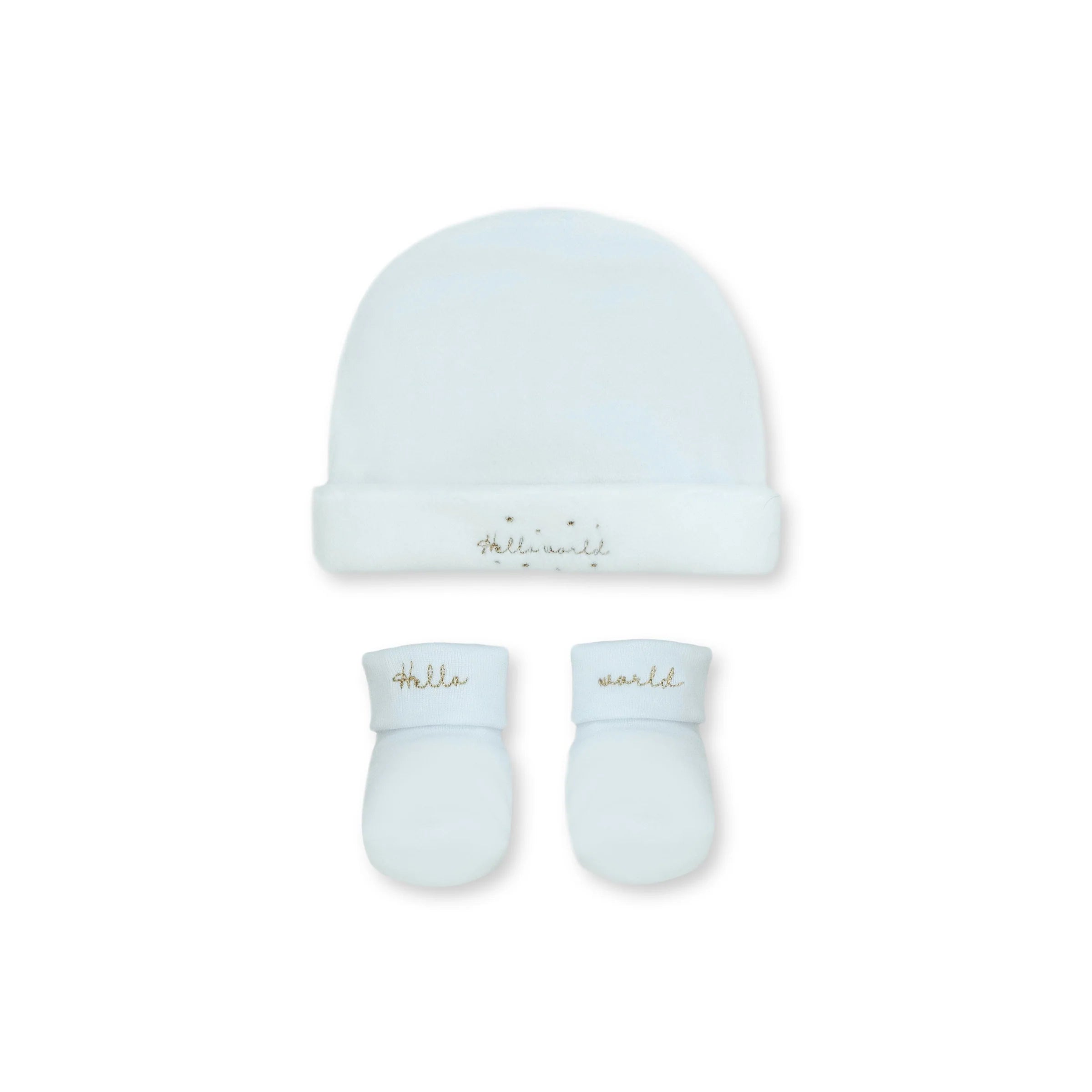 Hello World Velvet Hat and Booties, Blue
